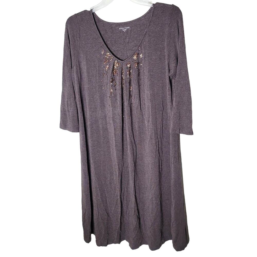 Eileen Fisher Shirt Dress Size Medium Gray V-Neck 3/4 Sleeve Casual Beaded